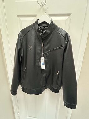 Men's Black Faux Leather Moto Jacket with Zip Pockets